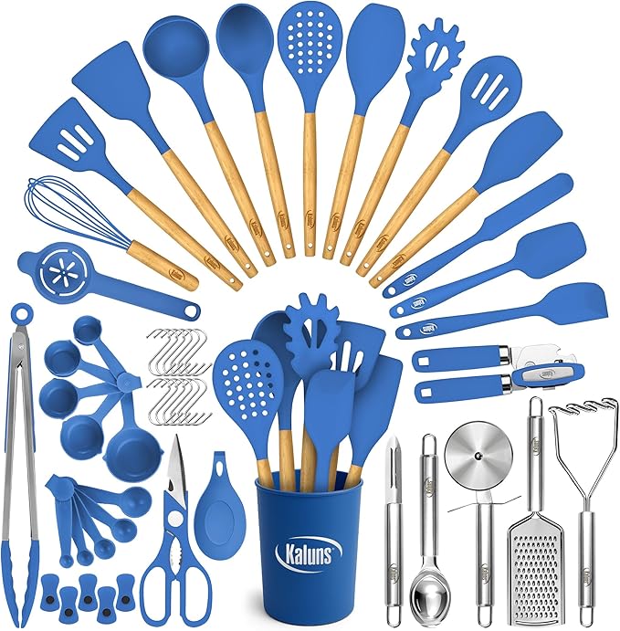 Kaluns 50 PCS Silicone Kitchen Utensils Set Complete Kitchen Set - 800°F Heat Resistant Non-Stick Premium Cooking Utensils W Wooden Handles - Can Opener, Masher, Turner, Silicone Spatula Set