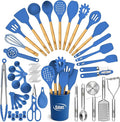 Kaluns 50 PCS Silicone Kitchen Utensils Set Complete Kitchen Set - 800°F Heat Resistant Non-Stick Premium Cooking Utensils W Wooden Handles - Can Opener, Masher, Turner, Silicone Spatula Set