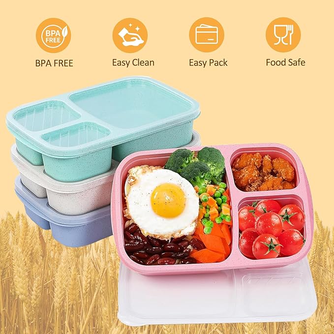 4 Pack Bento Box for Adults, 3-Compartment Wheat Straw Food Storage Containers, Meal Prep Lunch Box Microwave and Dishwasher Safe, Suitable for Office and Outdoor