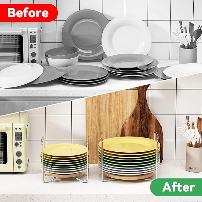 Plate Holder for Kitchen Drawers - Bamboo Dish Racks for Kitchen Counter 2Pcs Small - Adjust 6.75" to 8" Stainless Steel Plate and Bowl Organizer for Cabinet, RV, Countertop