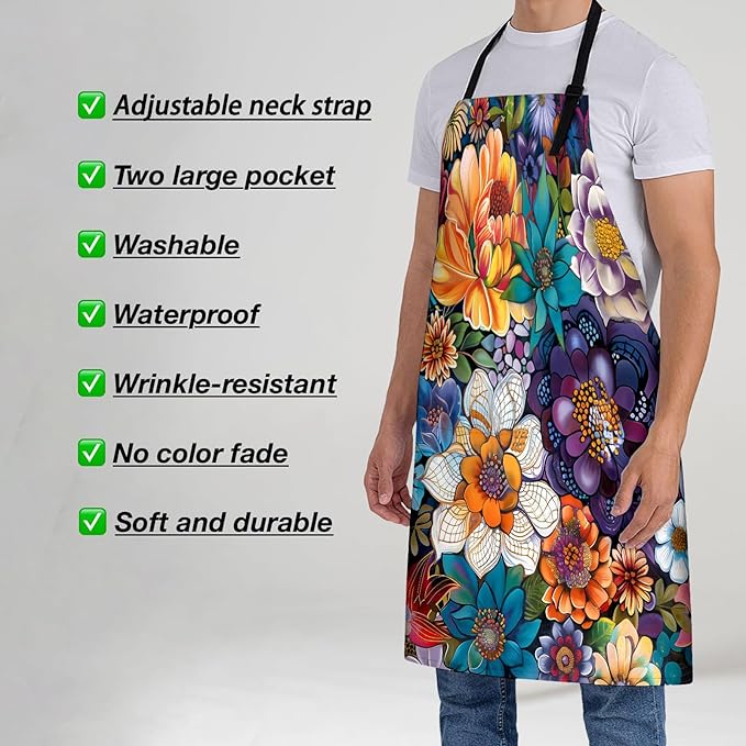 Floral Apron for Women, 28x33in, Kitchen Chef Aprons with 2 Pockets, Polyester, Colorful Mandala Bohemian Flowers Apron for Cooking BBQ Baking Gardening Chef, Gifts for Mom Wife Dad