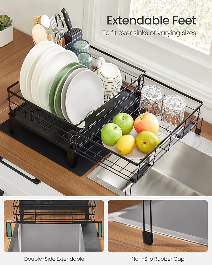SONGMICS Dish Drying Rack, Kitchen Dish Rack, with Drainboard, 360° Rotatable and Extendable Spout, with Cutlery Holder, 12.2-22 x 16.5 x 7.9 Inches, Ink Black UKCS552B01