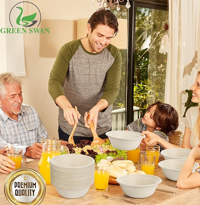 Green Swan Disposable Paper Bowls, 40 Oz [50 Pack] Large Bowl-100% Compostable, Biodegradable, Eco-Friendly Natural Colour Bowls - Convenient for Daily Use for Salad, Hot Soup, and Pasta