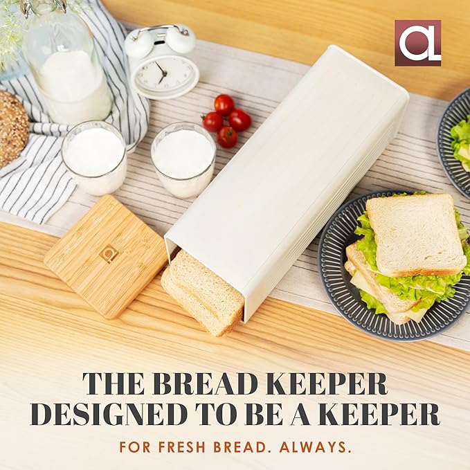Apace Living FRESHSLICE Bread Container 2.0 | Bread Keeper with Airtight Lid | Metal Bread Box with Bamboo Lid for Homemade Bread, 5 Liter (Creamy White)