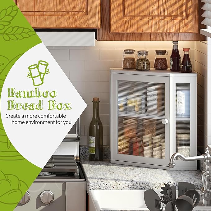 BMOSU Corner Bread Box for Kitchen Countertop Double Layer Bamboo Wooden Bread box Large Capacity Bread Storage Bin(White, Medium)