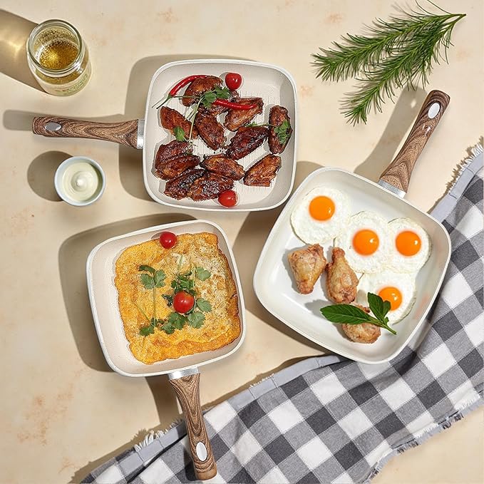 3 Pieces Nonstick Grill Pan Set – Square Griddle Pans with Wooden Handle, Compatible with All Stovetops, Perfect for Steak, BBQ, Vegetables (9.5", 10.2", 11") Ivory