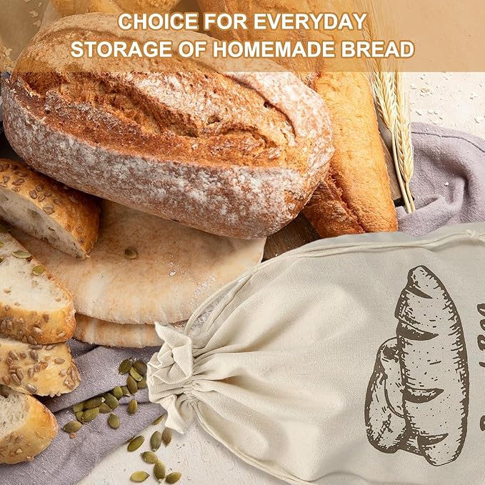 uxcell 4 Pack Reusable Bread Bags, 17.7 x 11.8 Linen Bread Storage for Homemade Sourdough Beeswax Food Drawstring Closure, Brown Bread