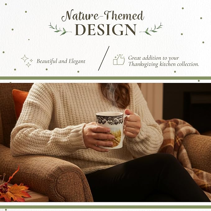Spode Woodland Pheasant 16 oz Mug - Fine Porcelain Rustic Drinkware with Historic Brown Floral Border, Microwave, Oven, Freezer & Dishwasher Safe - British Country Style for Fall and Thanksgiving Use