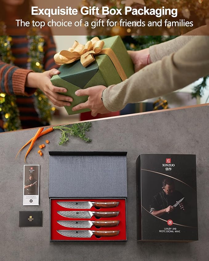 XINZUO Steak Knife Set of 4,Damascus Kitchen Steak Knife Set,5 Inch Dinner Knife Set-Table Knives,Non Serrated Steak Knives,Razor-Sharp Dinner Knives with Ergonomic Rosewood Handle,Gift Box