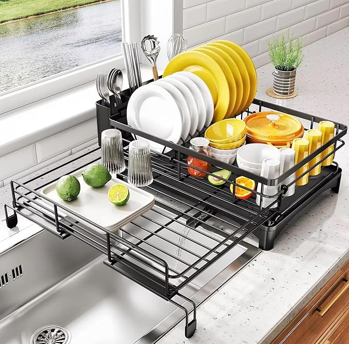 Expandable Over Sink Dish Drying Rack – Foldable Stainless Steel Kitchen Organizer with Utensil Holder, Space-Saving & Rustproof (Black)