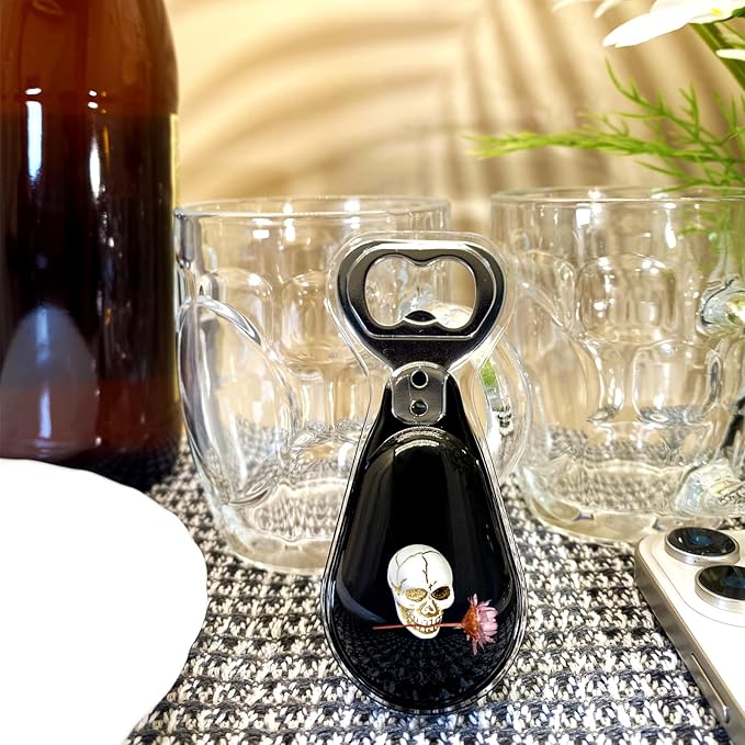 Magnetic Bottle Opener – Original Design Skull Biting Flower in Black Resin – Strong Magnet for Fridge – Lightweight Gift for Goth Decor & Bartenders – Black, 1 PCS