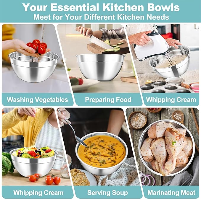 TeamFar Mixing Bowls Set, 4.5/3/1.5/1/0.7 QT Stainless Steel Nesting Salad Bowls with Visible Lids, For Serving Mixing, Non-Toxic & Heavy Duty, Airtight & Easy Clean, Dark Blue, Set of 5