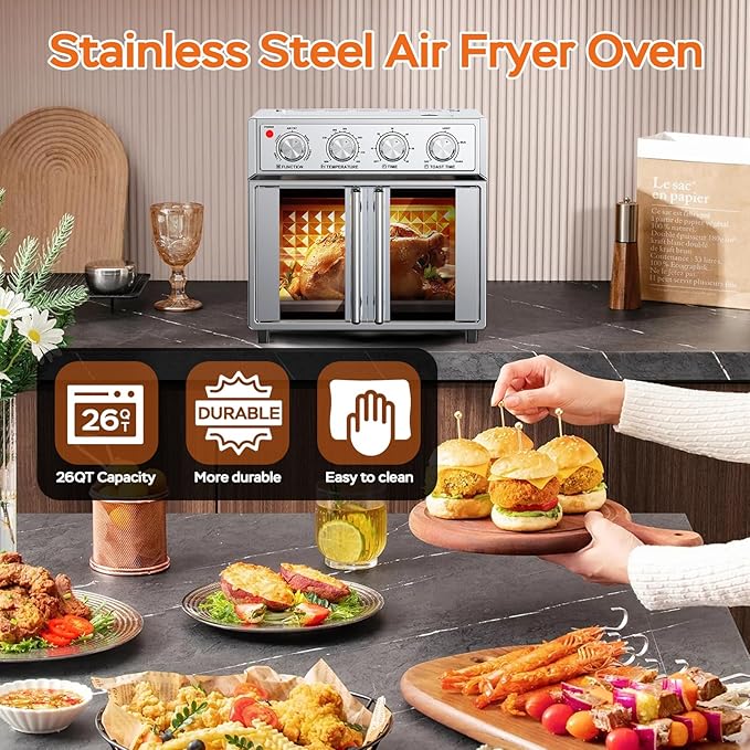 PlumChef 29.5QT Large capacity French Double-Door Air Fryer Convection Toaster Oven,1700W,7 Preset Menus,7-in-1 Multi-Function for Bake, Roast, Grill, Toast,Dehydrate& Defrost, Stainless Steel,silvery