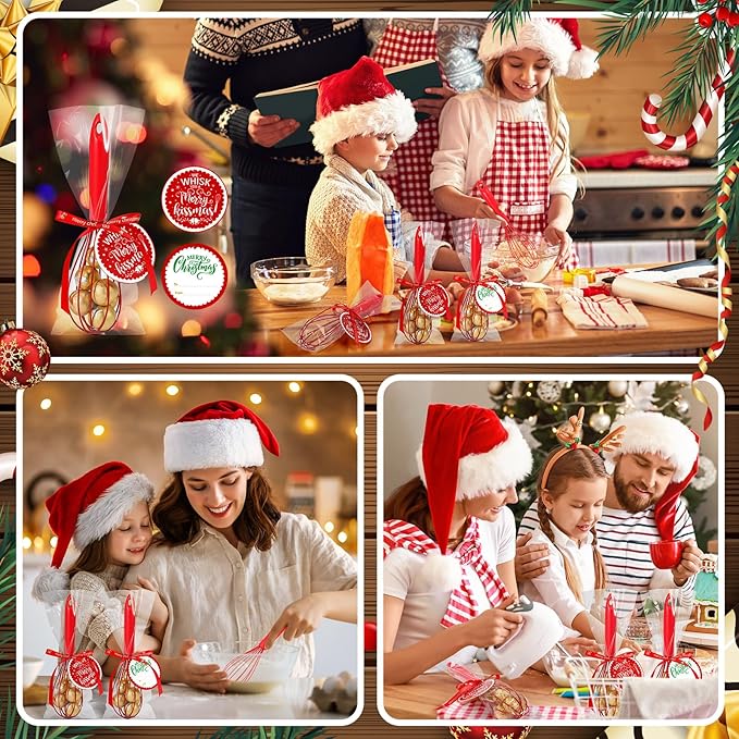 12 Set 10 Inch Christmas Whisks Gifts DIY Fillable Red Baking Supplies Christmas Tree Ornaments Xmas Colored Silicone Whisks with Cards Cooking Heat Resistant Egg Beaters Kitchen Favors