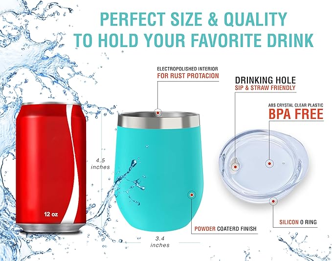 CHILLOUT LIFE 12 oz Stainless Steel Wine Tumbler with Lid - Double Wall Vacuum Insulated Wine Cup Glass Keeping Cold & Hot for Coffee, Champagne, Cocktails, Ice Cream - Powder Coated Aqua Blue