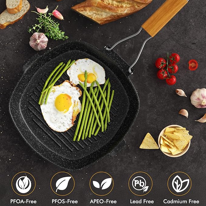 Nonstick Grill Pan, 9.5 Inch Large Grilling Skillet Steak Pan for Indoor Cooking, Steak & Bacon Pans for Stove Tops (9.5 in)