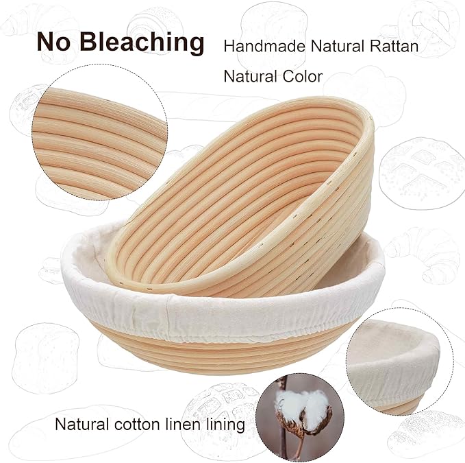 Banneton Bread Proofing Basket,9 Inch Round + 9.8 Inch Oval Sourdough Proofing Baskets with Liner,Dough Proofing Bowls,Made of Natural rattan,for Sourdough Bread Baking Supplies