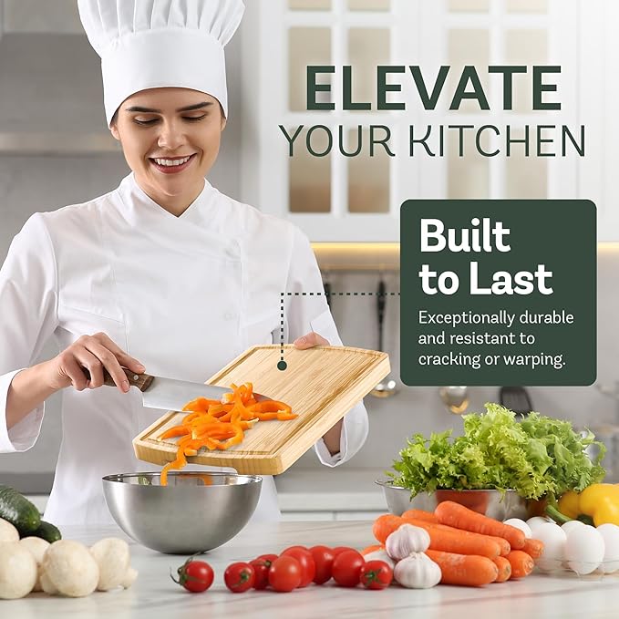 Wood Cutting Boards for Kitchen - Bamboo Cutting Board Gift Set with Deep Juice Groove & Side Handles - Chopping Board Butcher Block for Meat, Vegetables, Charcuterie, Cheese, Serving, or Meal Prep