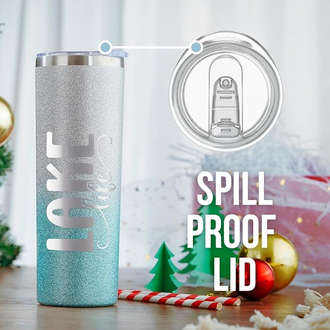 Onebttl Lake House Gifts for Women, 20oz Stainless Steel Insulated Tumbler, Housewarming Gifts for Lake Lovers - Silver Blue, Lake Life