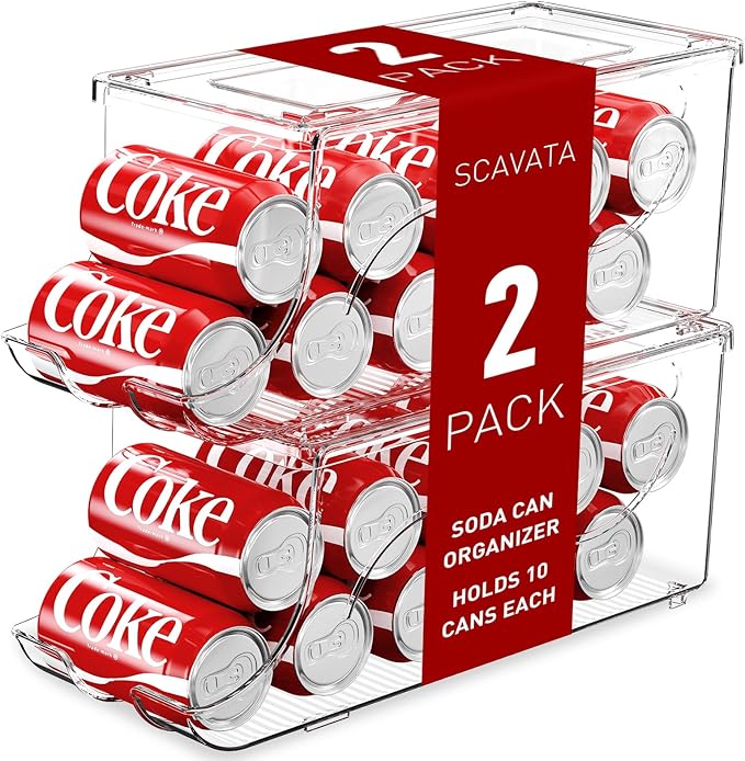 Stackable Refrigerator Organizer, Soda Can Dispenser Pop Cans Container Beverage Holder with Lid for Fridge, Freezer, Kitchen, Clear Plastic Storage Bins-Holds 10 Cans Each (Clear)