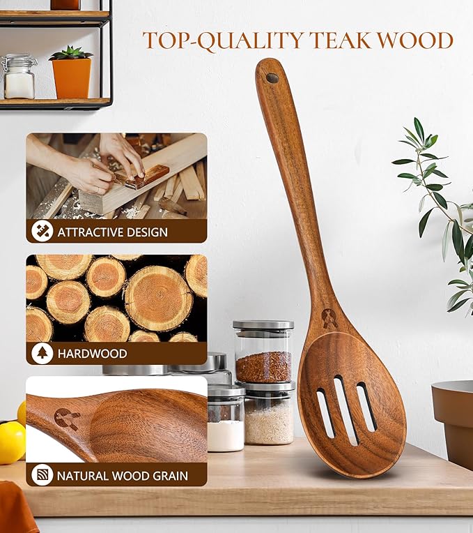 Wooden Slotted Spoons for Cooking, Good Grips Large Wooden Slotted Spoon, Natural Premium Teak Spoons Spatula, Heat Resistant Cooking Utensils for Nonstick Cookware, Serving and Mixing