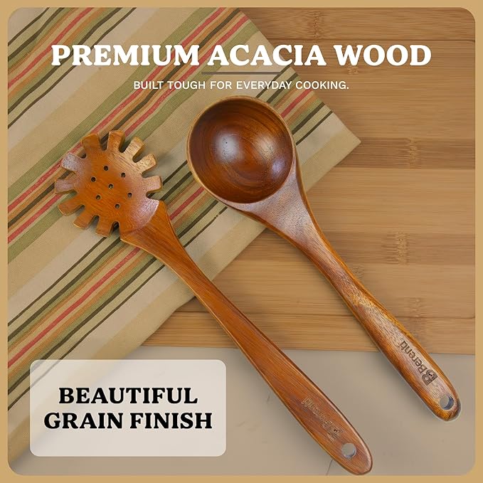 100% Natural Acacia Wooden Cooking Utensils Set - 07 Pcs Wooden Spurtle Set - Spurtles Kitchen Tools As Seen On TV Paddle - Safe for Nonstick Cookware - Stirs Like a Spoon, Flips Like A Spatul