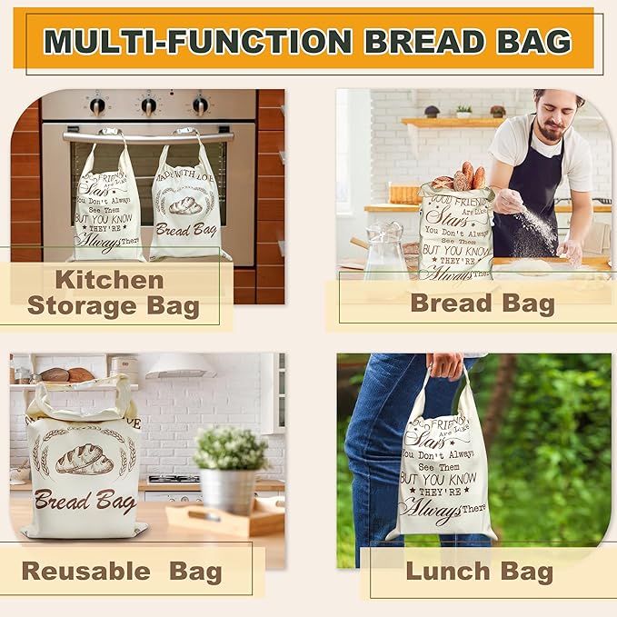 2 Pack Reusable Bread Bags for Homemade Sourdough,Special Double-Lock for Longer Freshness,Keep Fresh Bread Bags with Good Friends Are Like Stars,Friendship Gifts for Women, Best Friend Birthday Gifts