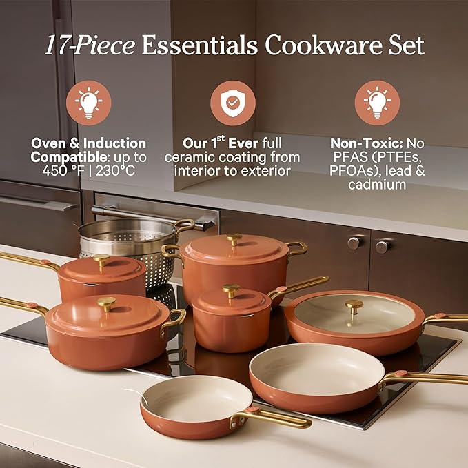 Our Place 17-Piece Essentials Complete Cookware Set - Ceramic Fry Pans, Saucepans, Sauté Pan, Stock Pot, Strainer Basket & Modular Storage | Thermakind™ Nonstick, Oven Safe up to 450°F | Terracotta