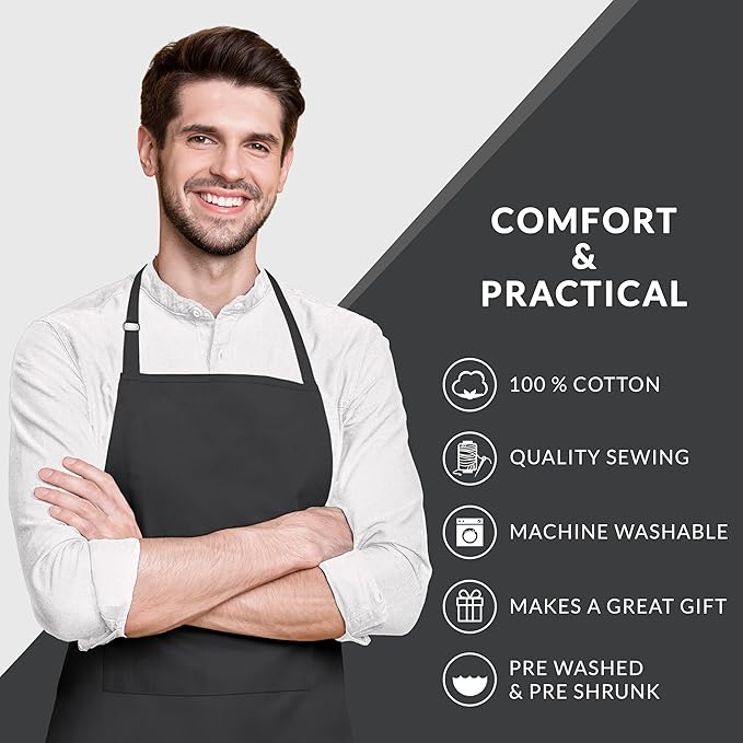 CALICOT Apron for women with Pocket 100% Cotton 27.50"x31.50" 2 Pieces Adjustable Neck Strap & long ties Apron Men, Chef, Wedding, Cooking, Gardening, Server, Waitress (Black)