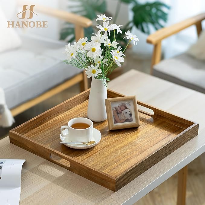 Hanobe Ottoman Tray for Table Top: 20'‘ Wood Decorative Tray for Home Decor - Large Coffee Table Serving Tray with Handles for Living Room