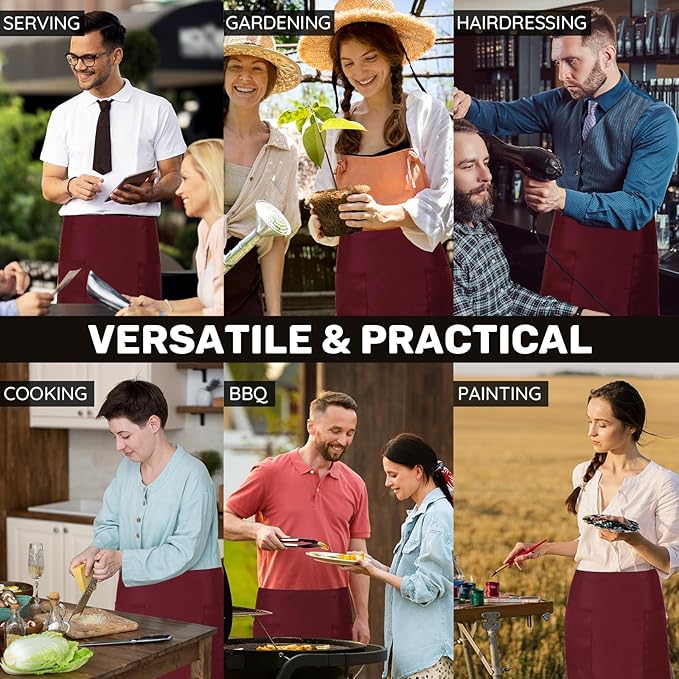 3 Pack Waist Apron with 3 Pockets, Unisex Black Waiter Aprons, Water Resistant Server Aprons for Restaurant Chef Bar