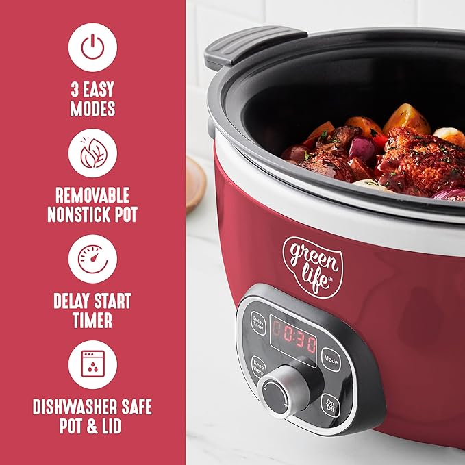 GreenLife 6QT Slow Cooker, Non-Toxic PFAS-Free Ceramic Nonstick Removable Interior Bowl, Programmable, Family Friendly, Keep Warm, Stovetop & Oven Safe, Dishwasher Safe Crock, Timer, Glass Lid, Red