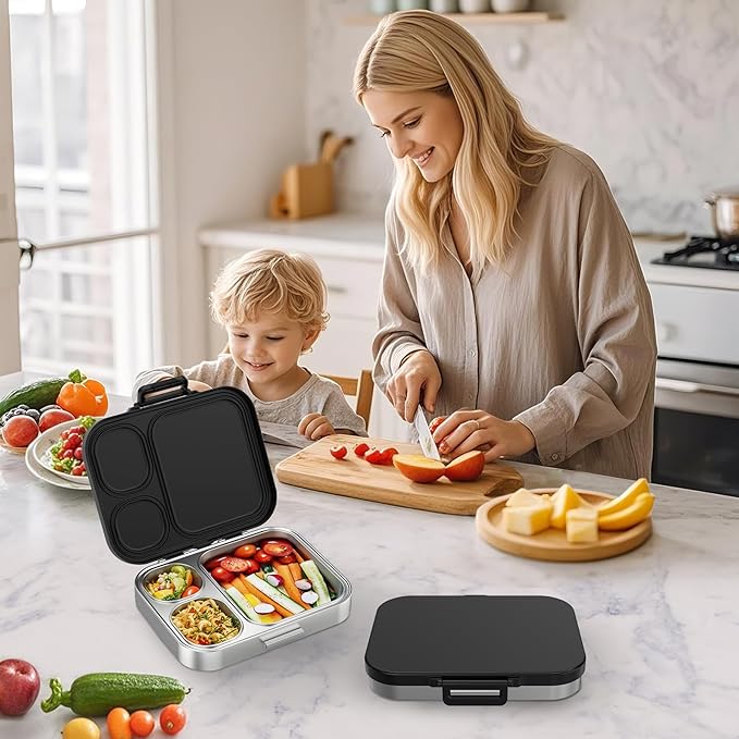 Stainless Steel Lunch Box, Leak-Proof with free sealing Bento Box 3 Compartments, Metal Lunchbox for Travel & Work, Eco-Friendly Meal Storage Solution Black