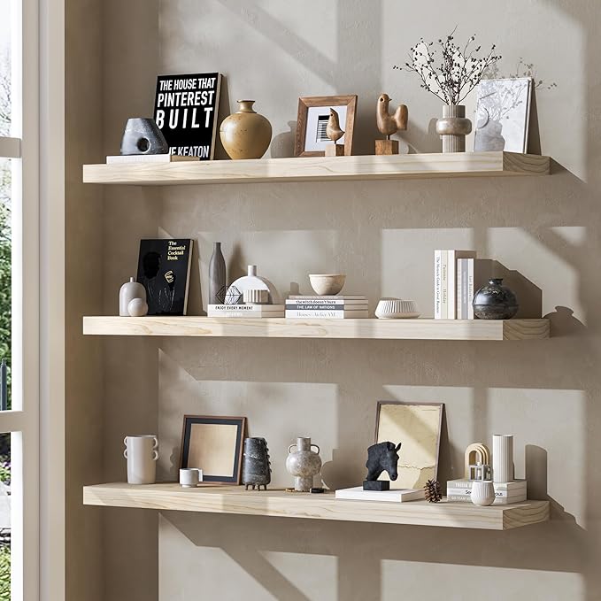 Fun Memories 36 Inch Floating Shelves for Wall, Deep Rustic Solid Wood Floating Shelves for Storage - Farmhouse Wall Mounted with Heavy-Duty Metal Bracket, 36" W x 8" D, Set of 2,Unfinished for DIY