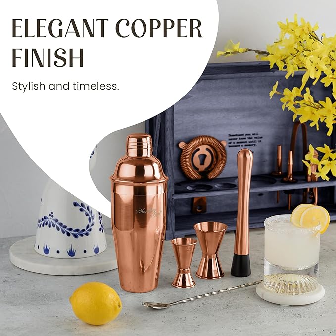 Mixology & Craft 11-Piece Cocktail Shaker Set, Bartender Kit with Stand, Stainless Steel Bar Tools, Dual Jiggers, Muddler & Pourers, Wood Display for Home Bar - Gift Ready (Copper)