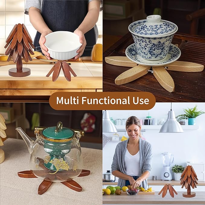 4PCS Wooden Trivets for Hot Dishes, Tree Shape Trivet Set,4 Wood + 1 Stand stored Like a Christmas Tree,Wooden Trivets for Hot Dishes、Pot、Bowl、Teapot、Hot Pot Holder, Brown