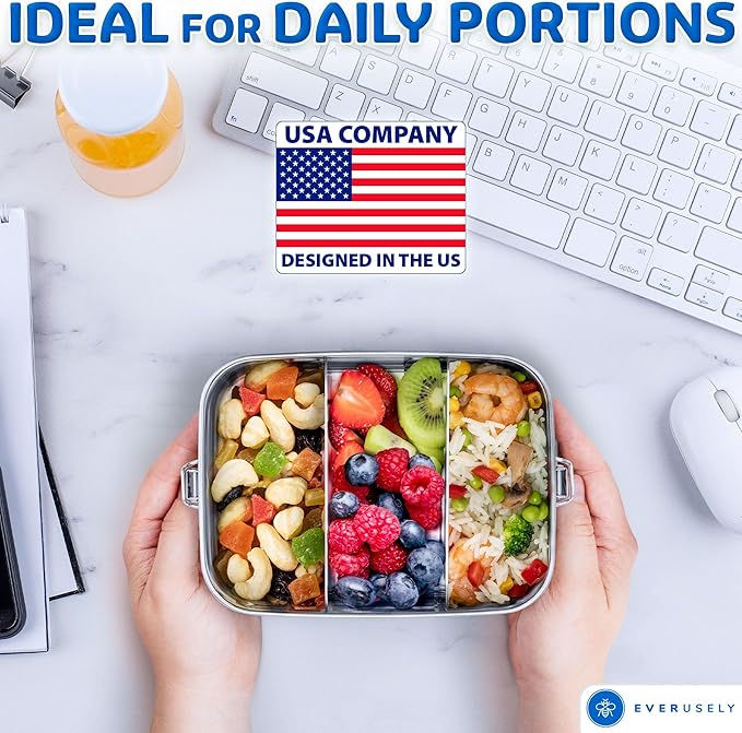 Everusely - Stainless Steel Lunch Box - 40 oz / 1.2 L, 2 Adjustable Dividers - Leakproof Snack and Salad Bento Containers for Adults - Food Storage Boxes with Lids for Work, Picnics, Travel