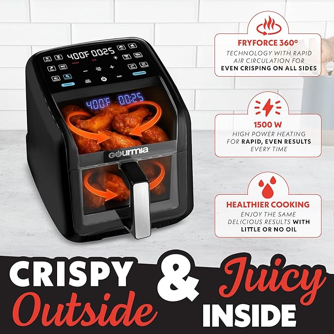 Gourmia Air Fryer 7 QT - Easy View Panoramic Window & Interior Light, Guided Cooking with 12 One-Touch Presets, FryForce 360, Dishwasher Safe Accessories, Black