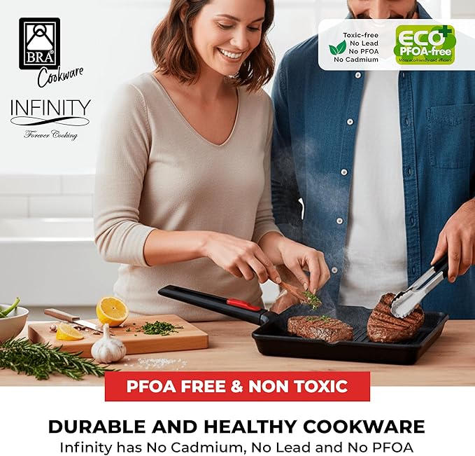 BRA COOKWARE Infinity Nonstick Ribbed Grill Pan (11x11 Inch) | Cast Aluminum Searing Skillet | PFOA/PFAS Free Square Griddle | All Cooktops (incl Induction) Grilling Skillet | Removable Handle
