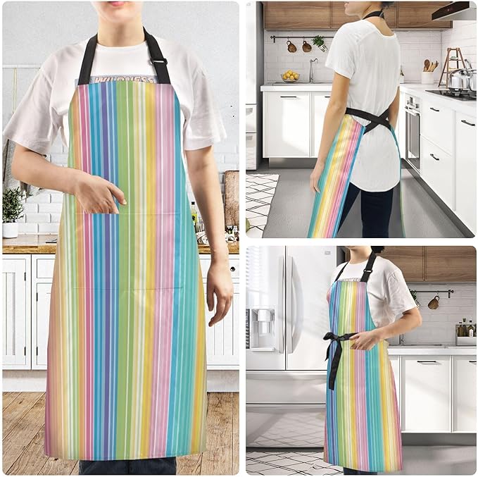 Rainbow Striped Apron, Aprons for Women with Pockets - Adjustable Aprons for Men Cooking Gardening Baking