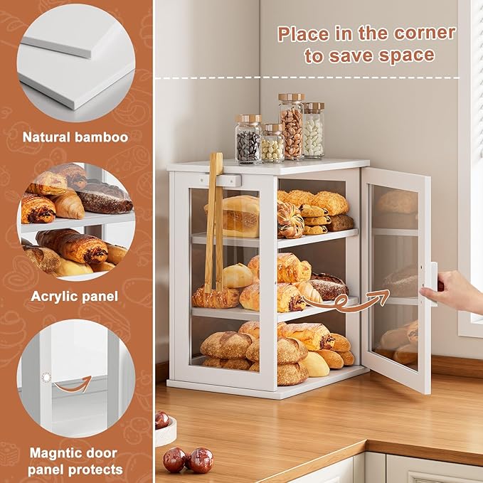 WOWLIVE Bread Box for Kitchen Countertop, Large 3 Layers Bread Storage Container for Homemade Bread with Window, Farmhouse Breadbox Organizer for Kitchen, Cabinet, Pantry (White, Meduim)