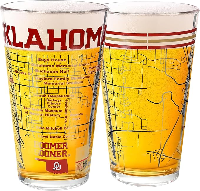 Greenline Goods – University of Oklahoma Sooners College Pint Beer Glasses (Set of 2), 16 oz – Full-Color Logo + Campus Map