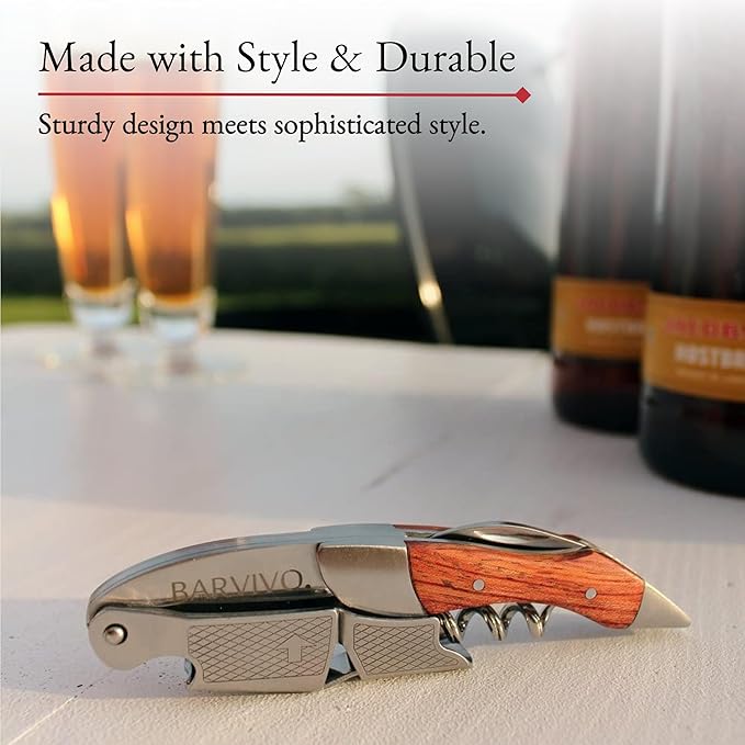 Barvivo Black Resin Wine Opener with Foil Cutter Knife and Cap Remover, Double Hinged Manual Wine Key for Bartenders, Servers, Waiters, Stainless Steel Wine Bottle Opener Corkscrew