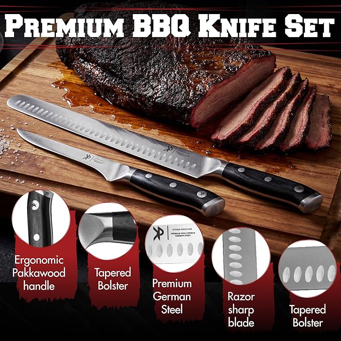 Kitchen perfection BBQ Carving Set for Meat -12” Brisket Slicing Knife +6” Boning Knife with Sheaths - Razor Sharp, Premium German Steel, Full Tang Ergonomic Handles- Perfect Grilling Gifts for Men