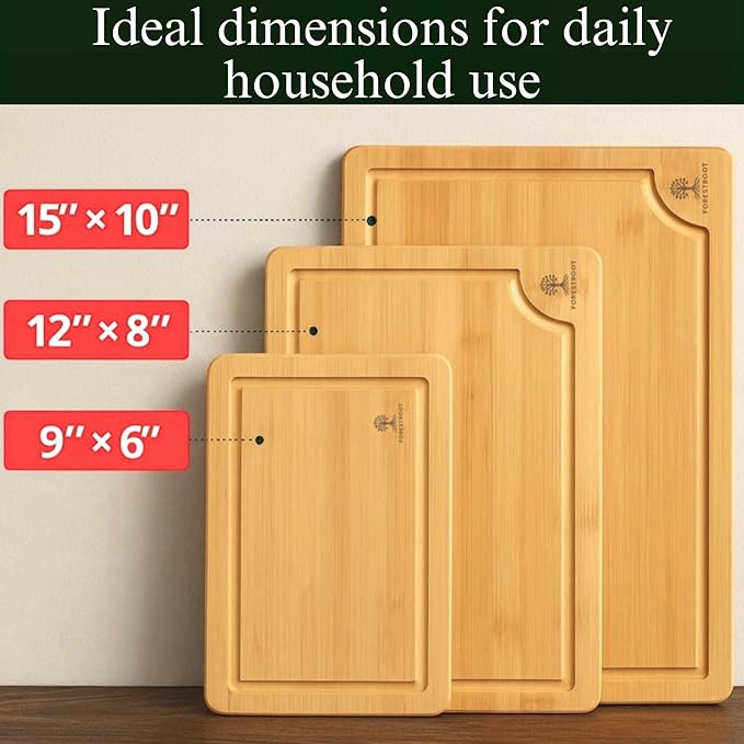 Bamboo Cutting Board Set – 3-Piece Wooden Kitchen Boards for Meal Prep & Serving – Durable Bamboo with Deep Juice Groove & Side Handles – Great for Meat, Vegetables & Charcuterie
