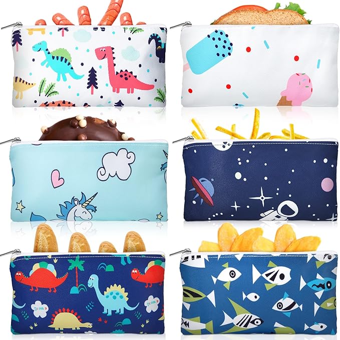 Chumia 6 Pcs Reusable Snack Bags Gift Food Safety Washable Snack Bags Lunch with Zipper Portable Sandwich Bag Food Storage Pouch Double Layer(Vivid,6.9 x 3.7 Inches)