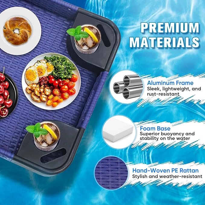 COOS BAY 35''x24'' Rectangular Floating Drink Holder for Pool and Hot Hub, Large Floating Serving Tray with Handles, Wicker Floating Pool Tray for Food and Drinks, Blue