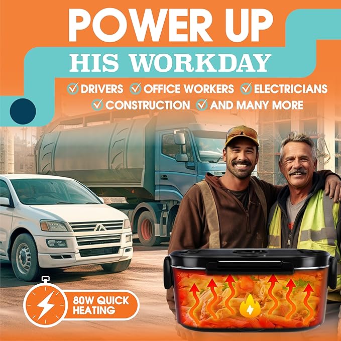 TRAVELISIMO Electric Lunch Box for Adults 80W Heated Lunch Box For Men 1.5L Stainless Steel Portable Food Warmer, 12/24/110V Electric Food Warmers for Travel & Work, Loncheras Para Hombres de Trabajo