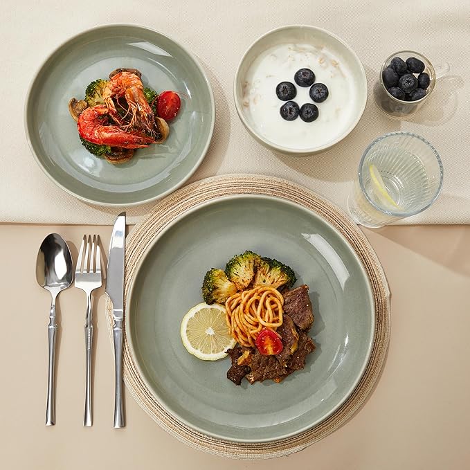 Stoneware Dinnerware Sets, Ceramic Plates and Bowls Set, Microwave & Dishwasher Safe Kitchen Dish Set, Modern Dinner Salad Plates | Cereal Bowls for 4, Dishware Sets Gray Green