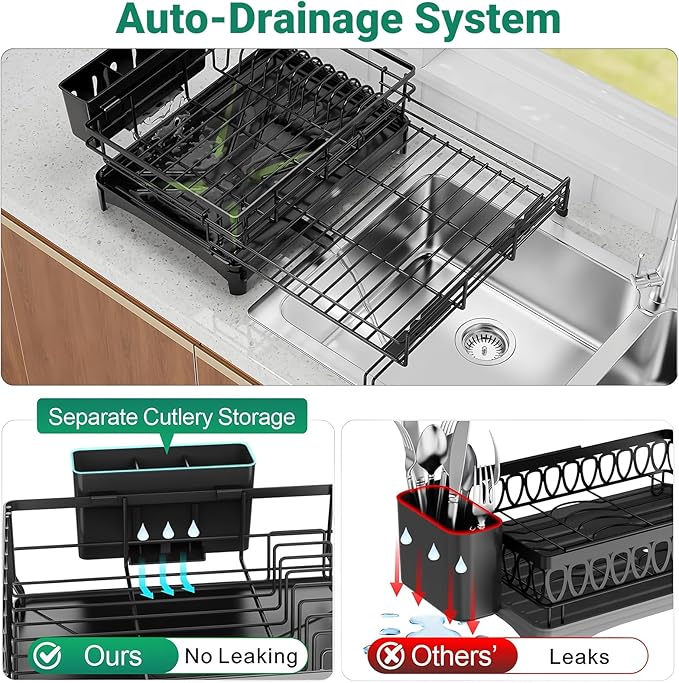 Expandable Over Sink Dish Drying Rack – Foldable Stainless Steel Kitchen Organizer with Utensil Holder, Space-Saving & Rustproof (Black)